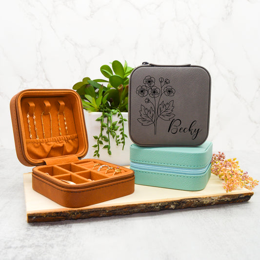 Jewelry Travel Box, Bridesmaid Gifts, Bridal Party Gifts, Minimal Jewelry Organizer, Birth Month Flower, Custom Jewelry Box, Birthday Gift