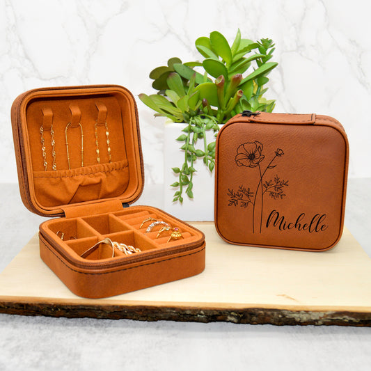 Leather Jewelry Travel Case, Travel Jewelry Box, Bridesmaid Proposal Gifts, Bridal Party Gifts, Birth Month Flower Gift, Jewelry Organizer