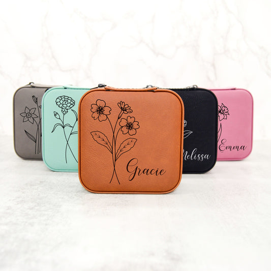 Leather Jewelry Travel Case,Birth Month Flower Jewelry Box,Bridal Party Gifts,Bridesmaid Proposal Gifts,Wedding Gifts,Birthday Gift for Her
