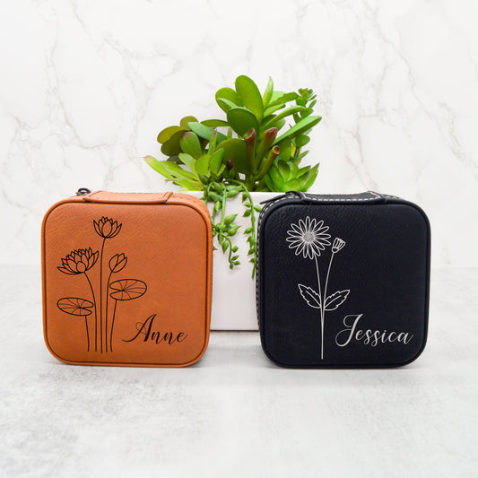 Birth Flower Jewelry Travel Case, Travel Jewelry Box, Mothers Day Gift, Bridal Party Gifts, Birth Month Flower Gift, Custom Jewelry Box